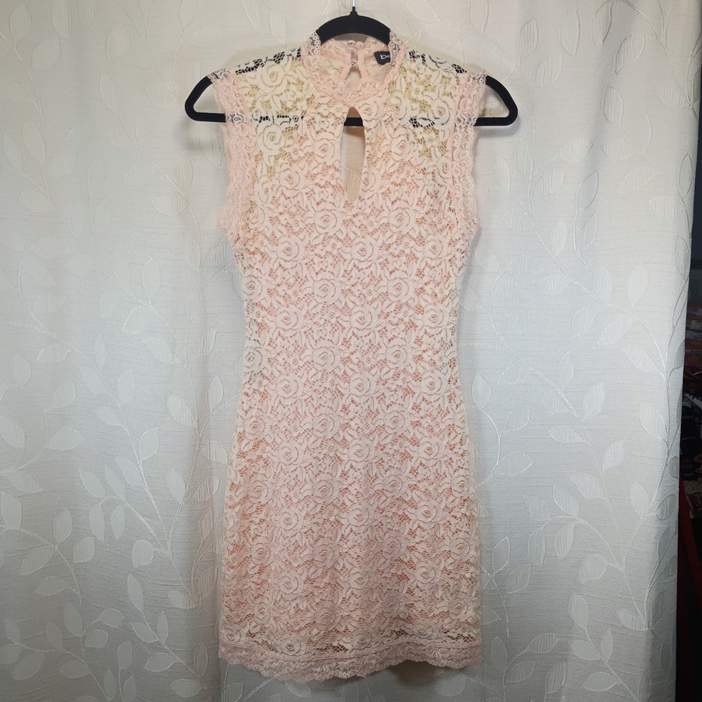 Bebe Peach Pink Floral Lace Keyhole Mini Dress Sleeveless High Neck XS
